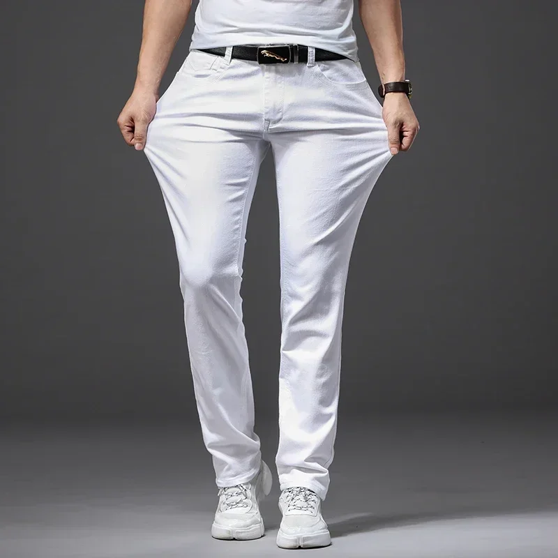 Summer White Slim Trousers Soft Stretch Denim Men Jeans Fashion Casual Classic Style Male Brand Advanced Pants