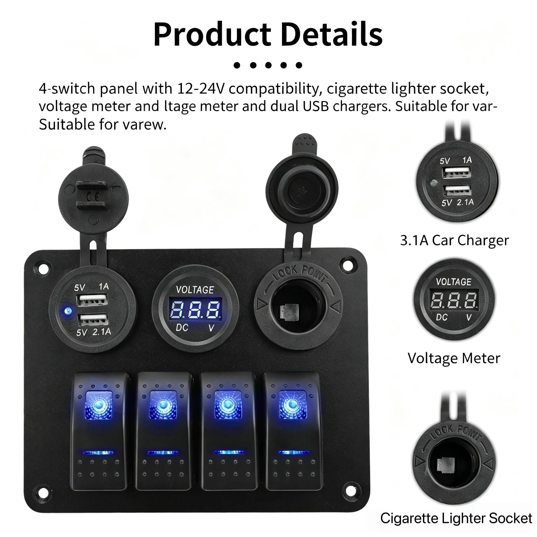 MARINE ACCESSORIES 4+3 GANG ROCKER SWITCH PANEL, 3.1A DUAL USB CAR CHARGER, WATERPROOF DIGITAL VOLTMETER CIGARETTE LIGHTER SOCKE