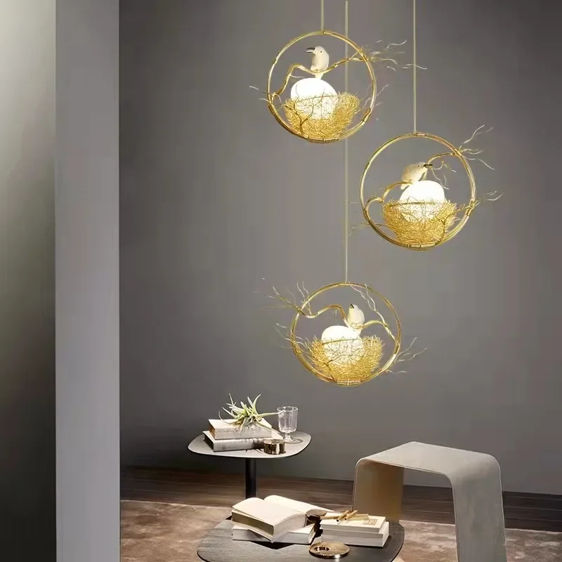 

Creative Bird's Nest Restaurant Chandelier Personality Warm Bedroom Lamp Romantic Cafe Simple Modern Art Three-head Lamps