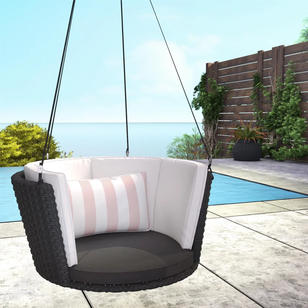 Novogratz Poolside Gossip Collection, Sally Patio Hanging Swing, Pink Striped Cushion, Black Wicker