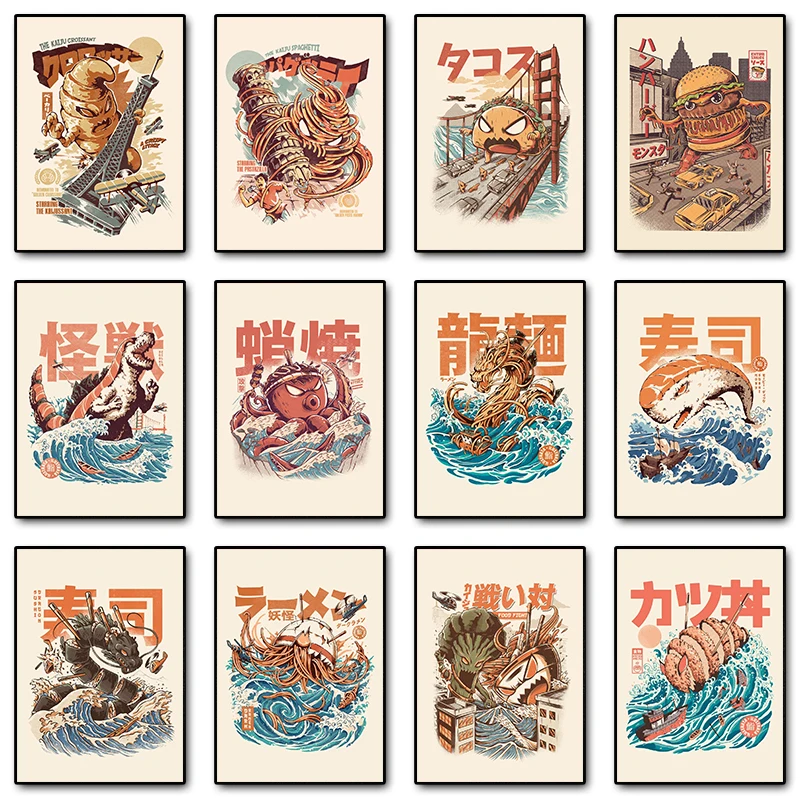 Japanese Kaijus Food Sushi Ramen Burgerzilla Posters Canvas Painting Vintage Funny Wall Art for Kitchen Room Home Decoration