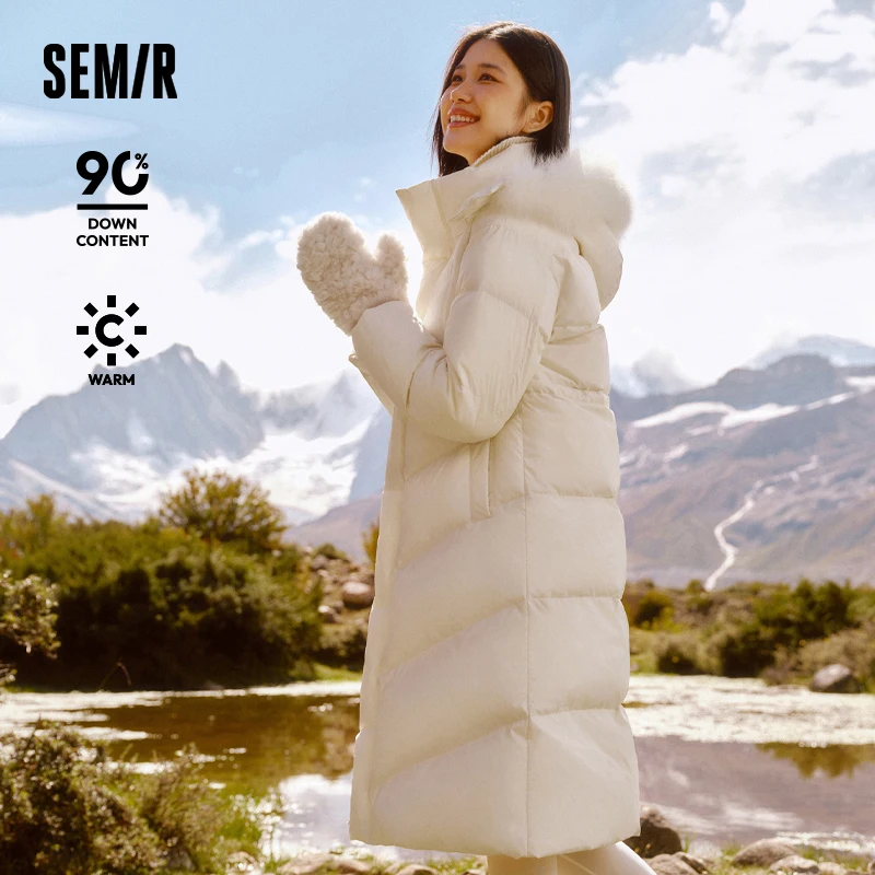 Semir Down Jacket Women Long Length Detachable Fox Fur Collar Hooded 2024 New Winter Waterproof Thermal Goose Down Down Jacket