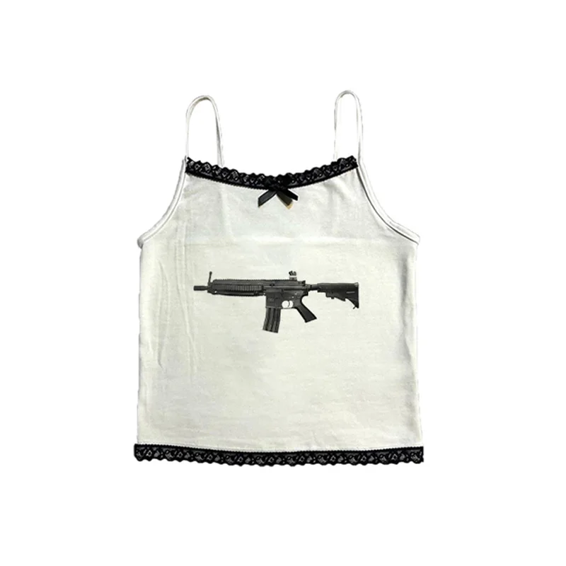 Rock Gothic Y2k Lace Tank Top Gun Harajuku Graphic Print Streetwear Sleeveless Top Punk Retro Sling Spicy Girls Hip Hop Crop top