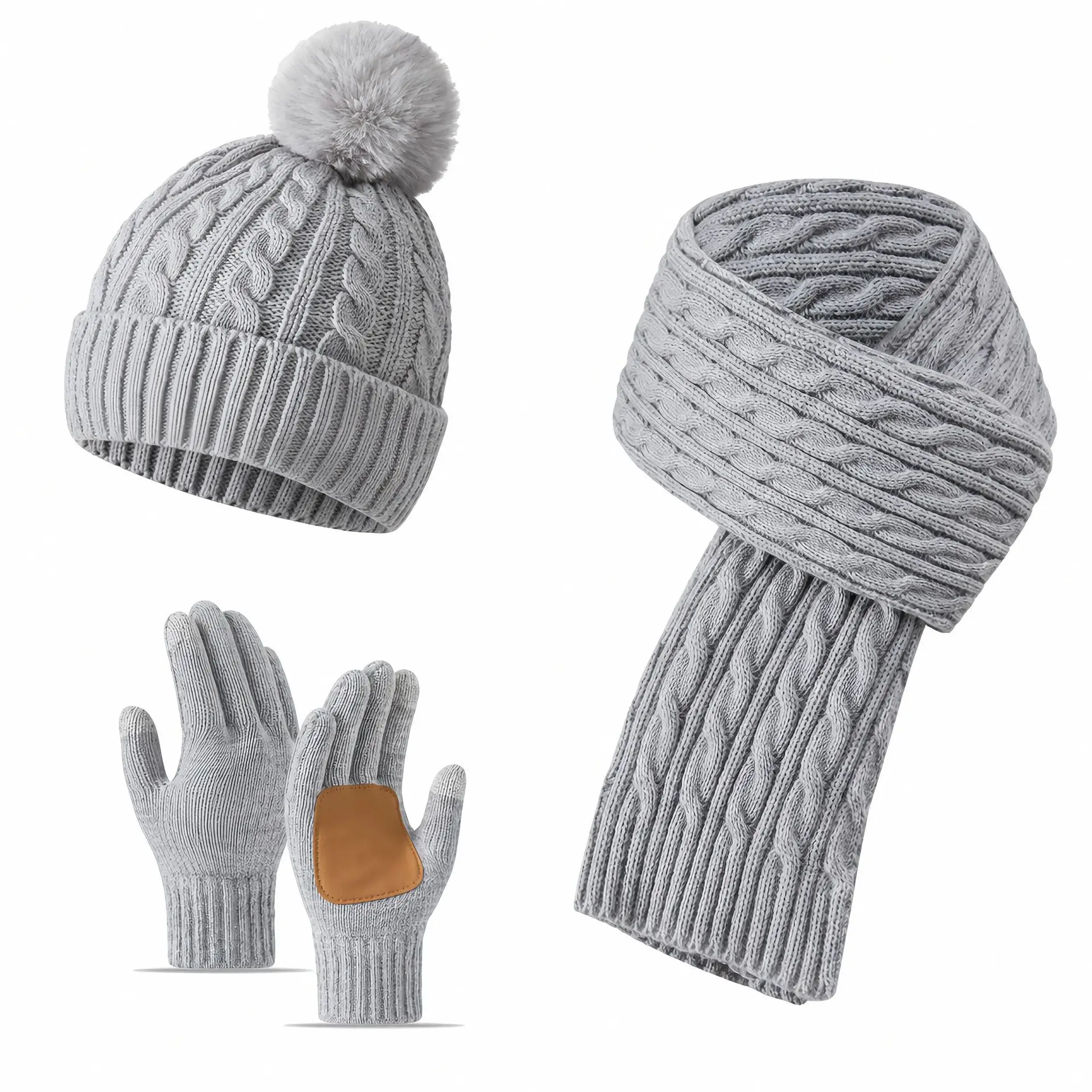 Unisex Winter Knitted Beanie Scarf Touch Screen Gloves 3Pcs Set Solid Color Warm Windproof Outdoor Cold Weather Accessories