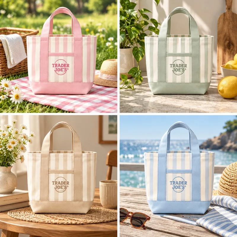 Mini Canvas Tote Bag, Striped Small Handbag with Front Pocket, Casual Everyday Carry Bag