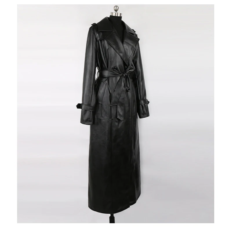 Mauroicardi Spring Autumn Waterproof Black Soft Pu Leather Trench Coat for Women Belt Double Breasted Floor Length Overcoat 2025