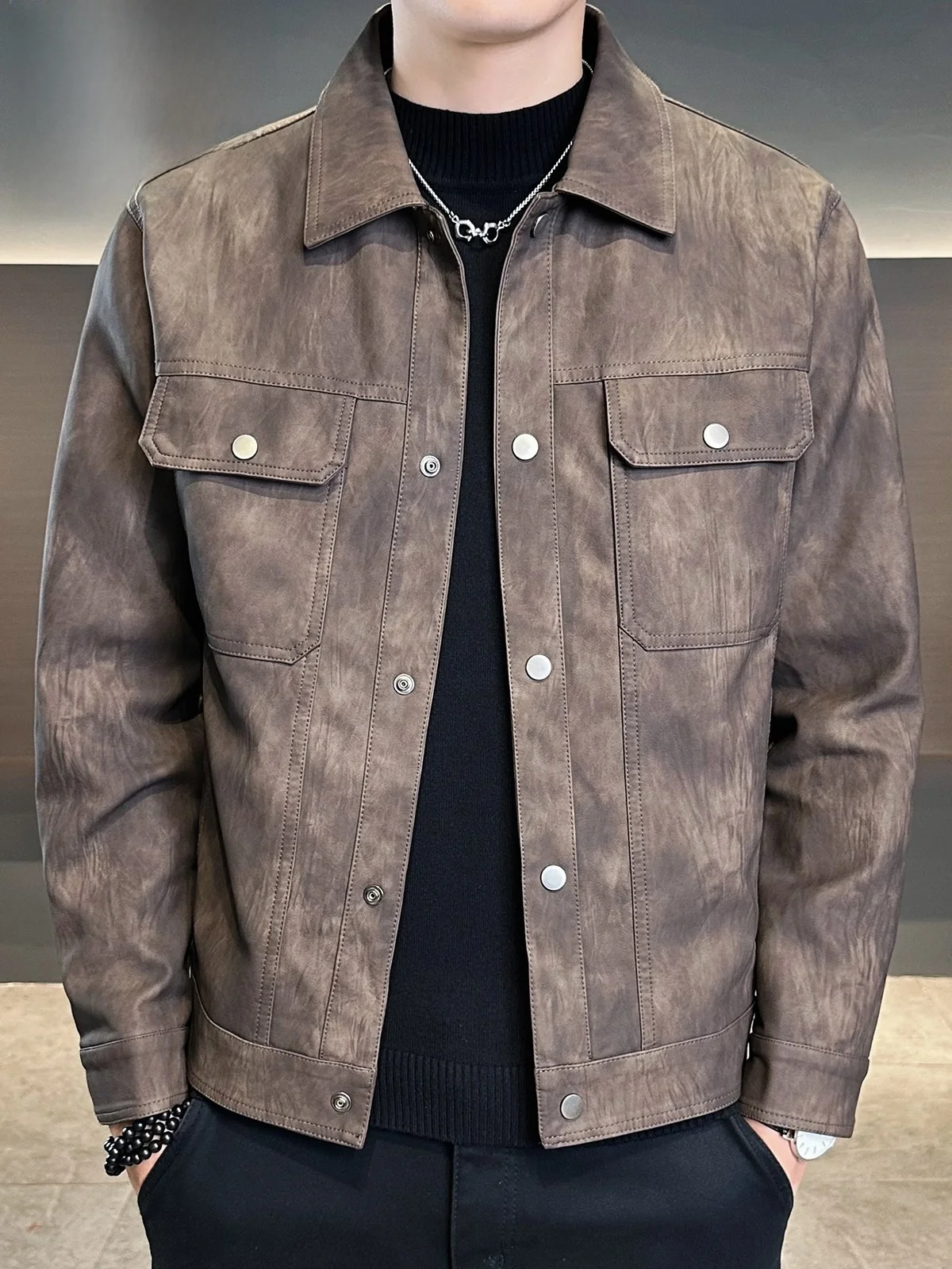 

Pierre Cardin American Sle Jaet из искусственной кожи, мужская свободная повседневная куртка в стиле ретро с байкерским воротником, осенне-зимняя новая тенденция