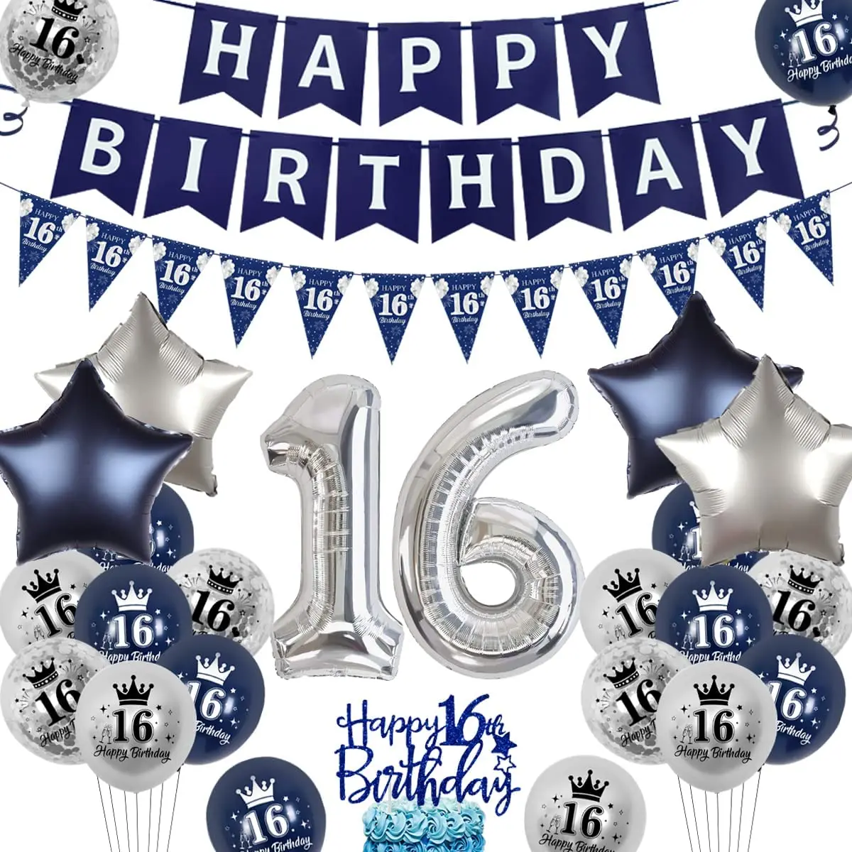 

Happy Birthday Cake Topper for Boys, 16 Printed Balloons, Navy Blue Silver, Triangle Banner, Bunting