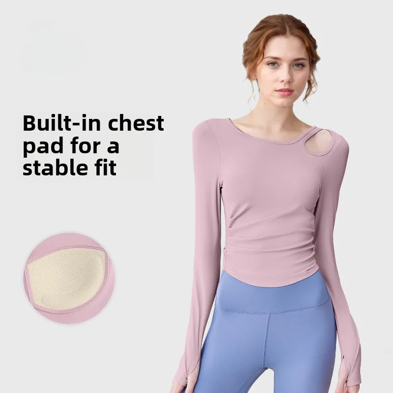 New Hollow-out Pleated Women's T-shirt Long Sleeve Yoga Top No-wear Bra Slim-fit Sports Base Shirt Gym Sweatshirts Y2k Casual