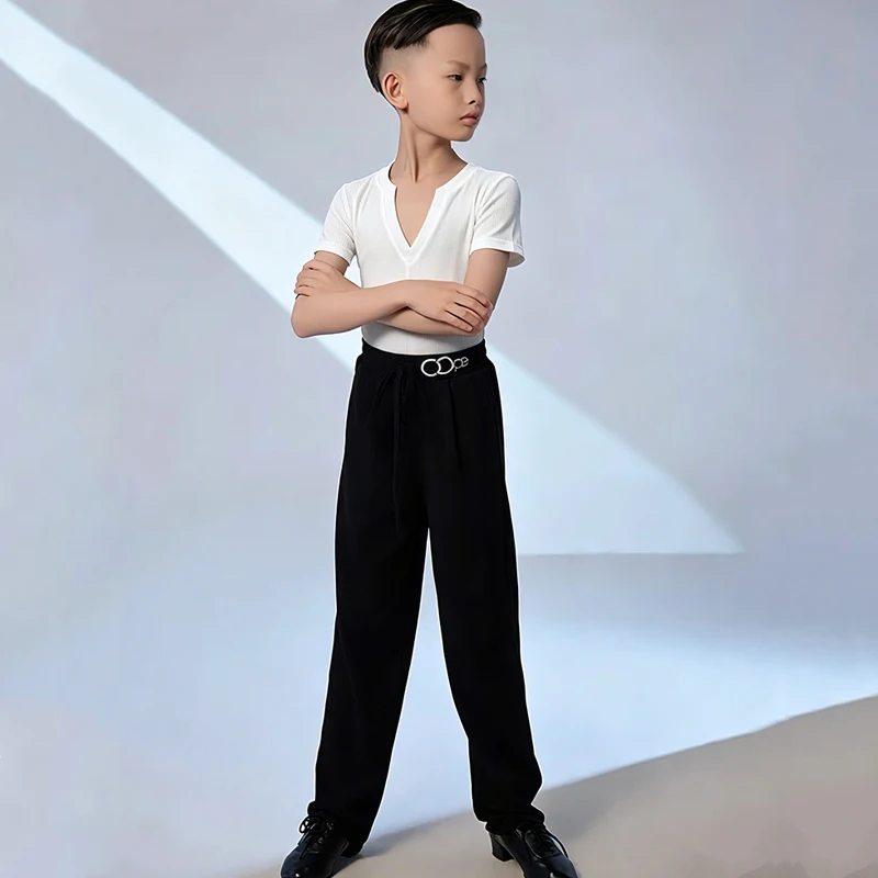 

2026 Boys Latin Dance Practice Clothes White Tops Black Pants V-Neck Tops Straight-Leg Pants Suit Kids Latin Dance Wear XH4788