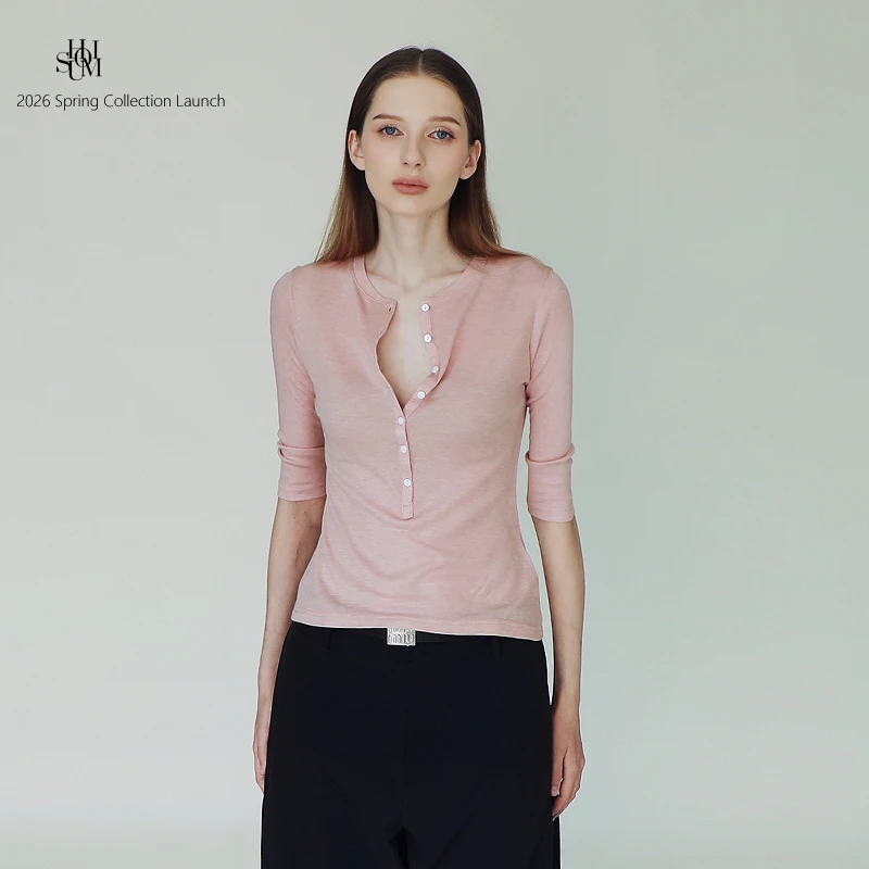 

Женская футболка Shuomi в американском ретро-стиле с воротником Генри, средним рукавом, летняя, легкая, из шелкового трикотажа, приталенная, базовая, повседневная