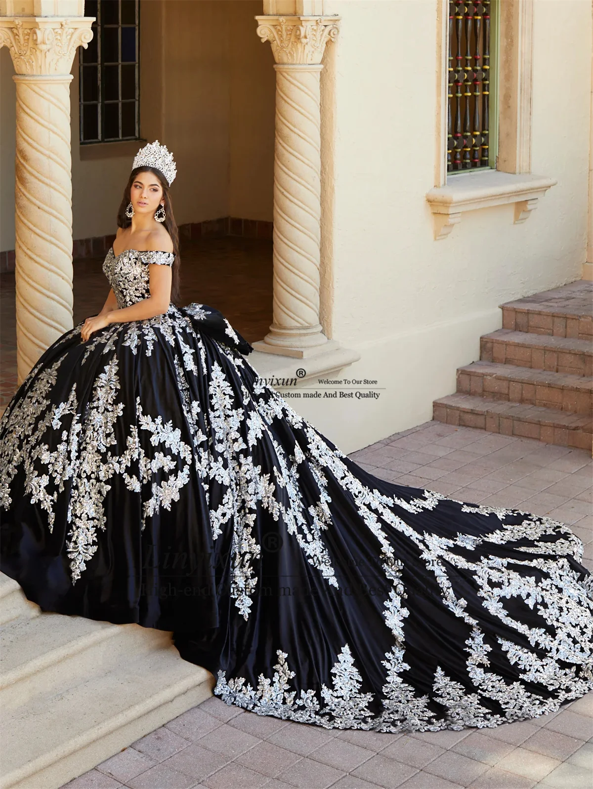 Princess Velvet Off Shoulder Quinceanera Dress Appliques Sequins Vestidos De 15 Años Lace Up Court Train Birthday Sweet 16 Dress