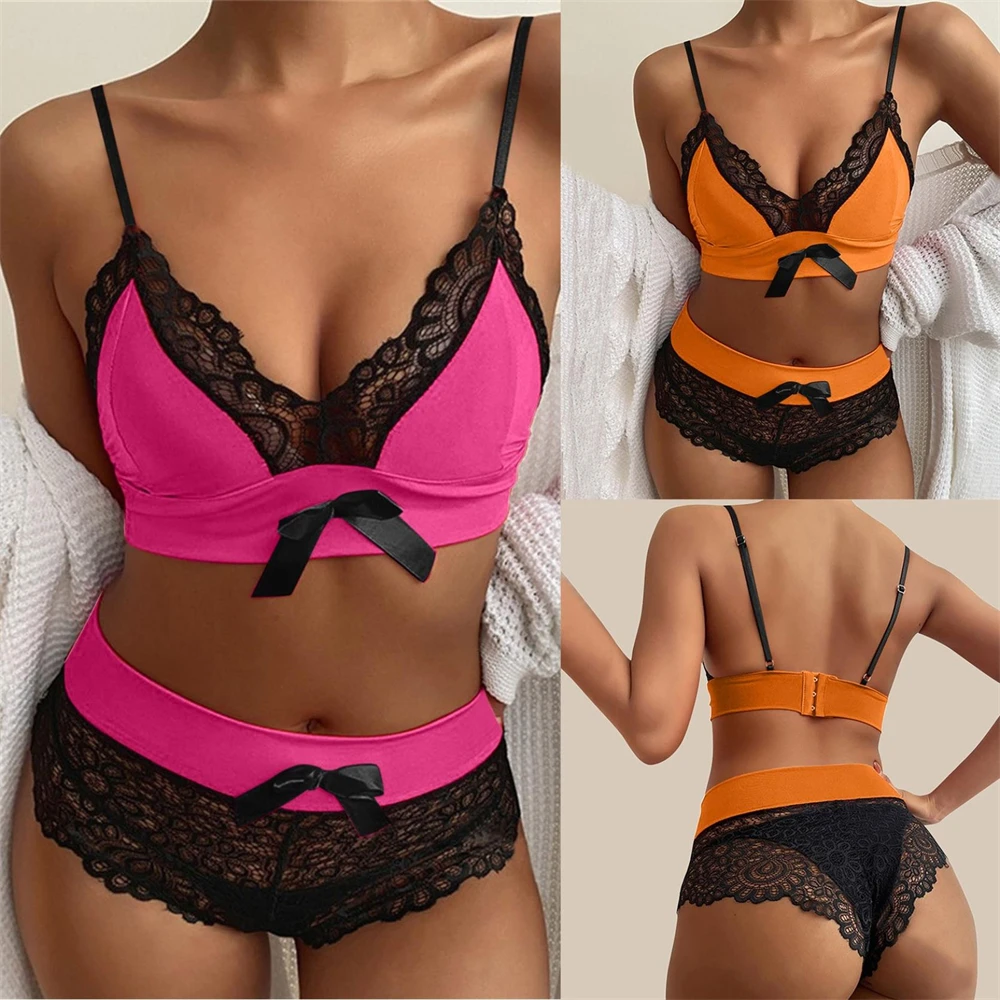 

Sexy Lace Lingerie For Women Push Up Bra Tops Panties Underwear Brief Set Patchwork Bow Sleepwear Woman Shorts Pajamas Outfits