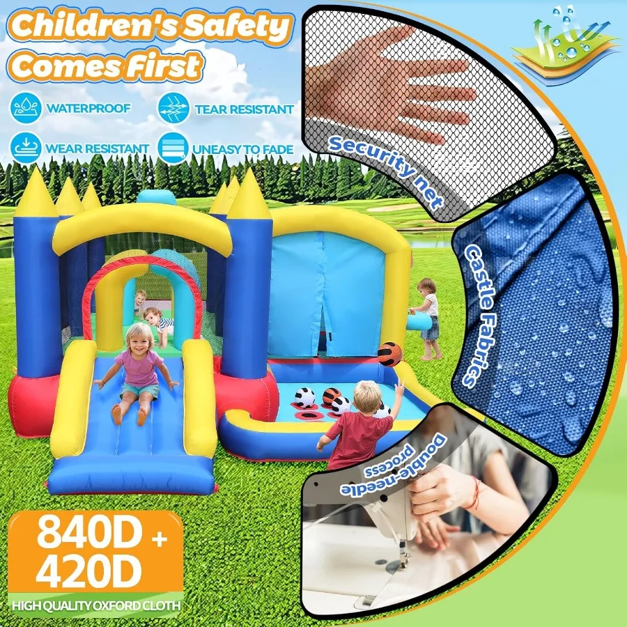 Casa rimbalzante gonfiabile con scivolo 13,42x10,5x6,07FT Castello gonfiabile con ventilatore Supporto per mercato giocattolo TictacToe Area di salto Basketba