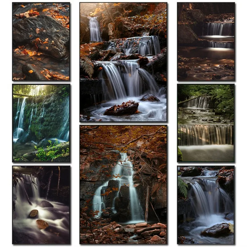 Toile imprimée de paysage cascade, forêt, roche, Nature, sérénité, Art mural avec lumière du soleil, affiche de paysage tranquilique paisible, décor Zen