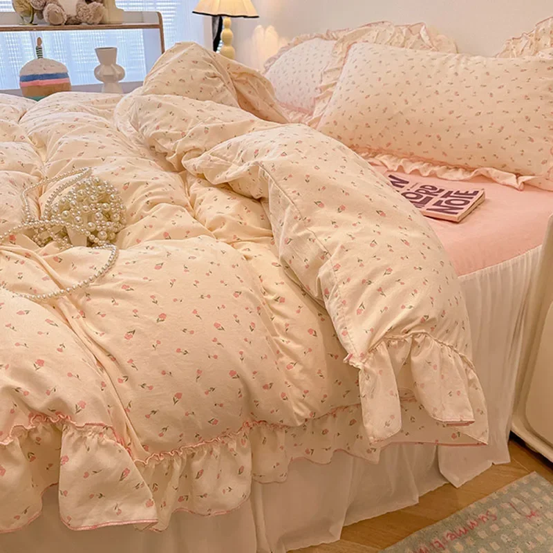 Korean Princess Style Floral Print Bedding Set Washed Cotton Comfortable Lace Duvet Cover Set Single Double Bedclothes for Girl