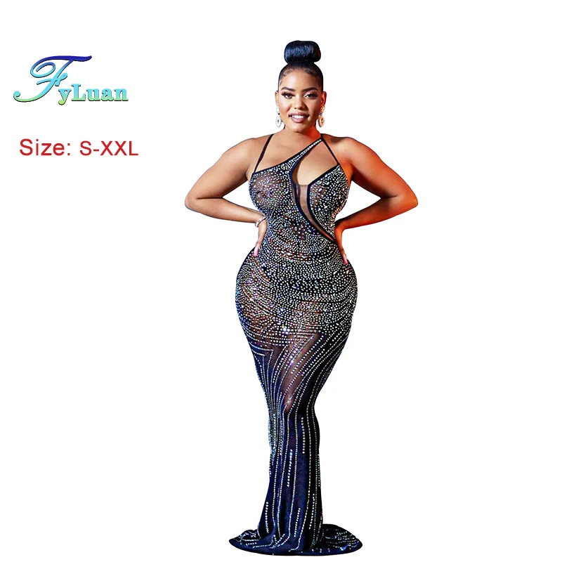 새로운 메쉬를 통해 볼 여성 크리스탈 v 넥 인어 바닥 길이 롱 드레스 기울어 진 어깨 민소매 생일 의상 Night Wea