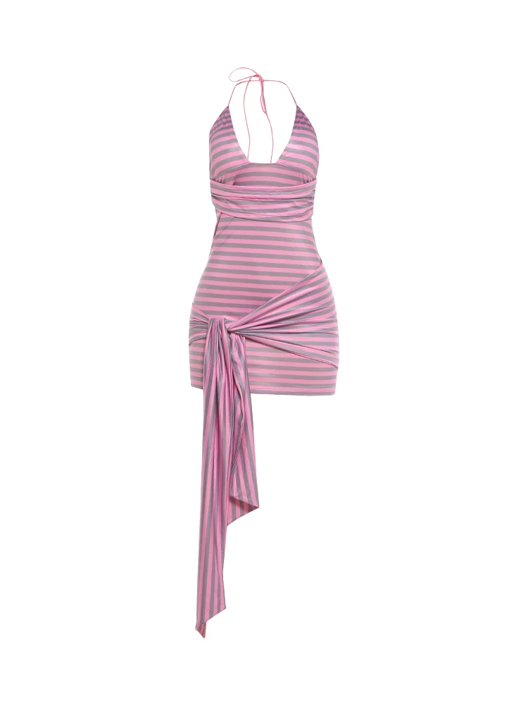 Nibber Sexy Neckholder-Kleid mit tiefem Ausschnitt, gestreift, rückenfrei, für Damen, Bandagen, Patchwork, Band, ärmellos, Trend, Party, Club, figurbetont – Detail 2