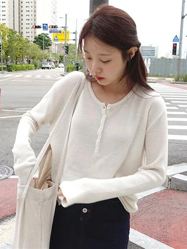 Autumn/winter Korean 2024 Version New Half Open Neck Single Breasted Long Sleeve Pullover Women Cinching Waist Slim Top K36O