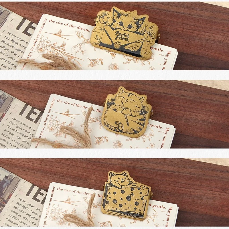 Vintage cat themed brass clip creative kitten Journal clamp bookmark clips bag storage clip