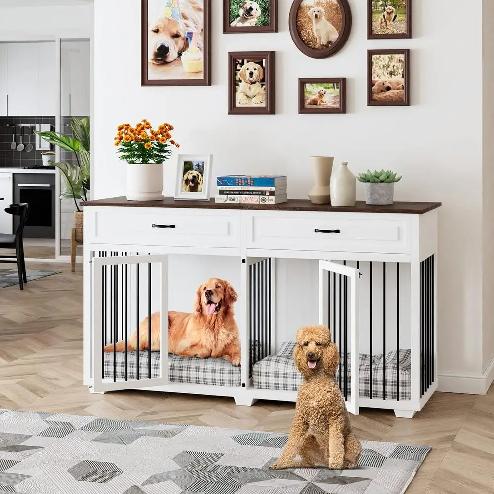 

Очень большой деревянный ящик для собак с центральным разделителем, сверхпрочный, торцевой столик XL, подходит для 2 средних собак или 1 больших собак