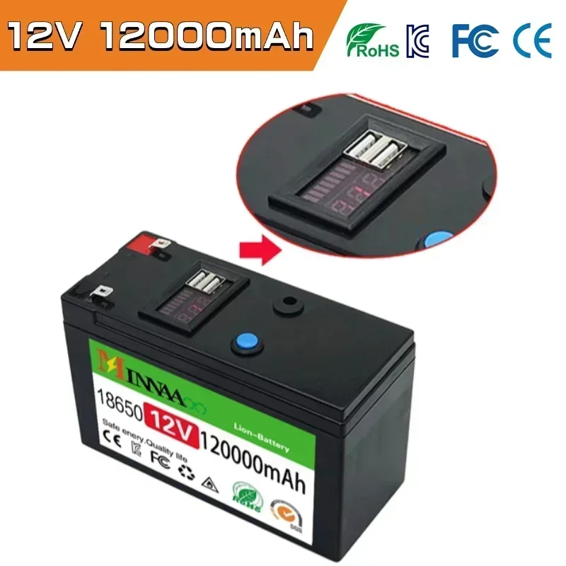 

12V 120Ah Portable Rechargeable Battery LiFePO4 Lithium Battery Built-in 5V 2.1A Usb Power Display Port Charging
