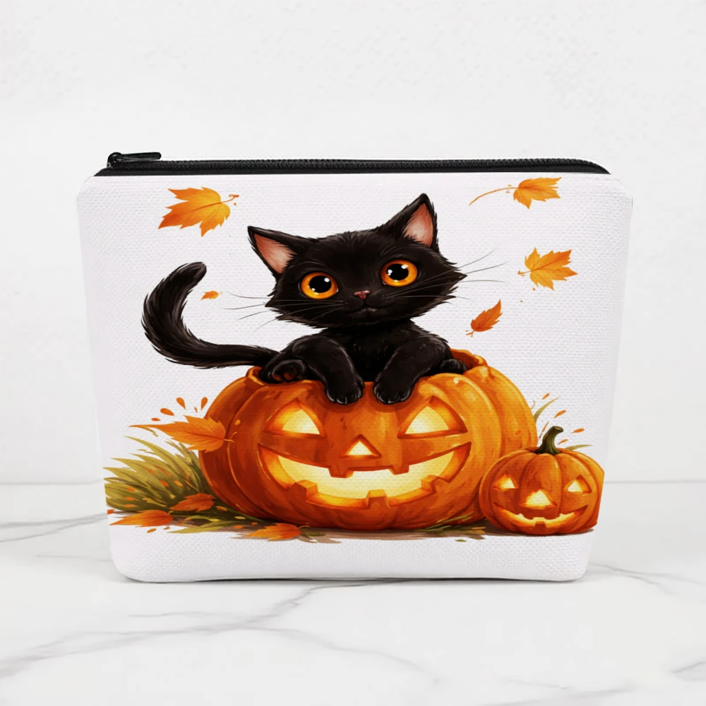 Black Cat Pumpkin Autumn Leaves Makeup Bags for Girls Cosmetic Pouch Toiletry Bag Pencil Case Travel Storage