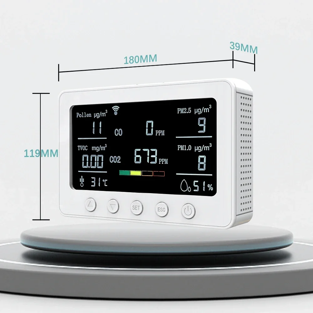 Smart Air Quality  Detects Pollen/CO/CO2/PM2.5&1.0/TVOC Wi-fi App Air Meter for Home Hotel School Office Building Gym