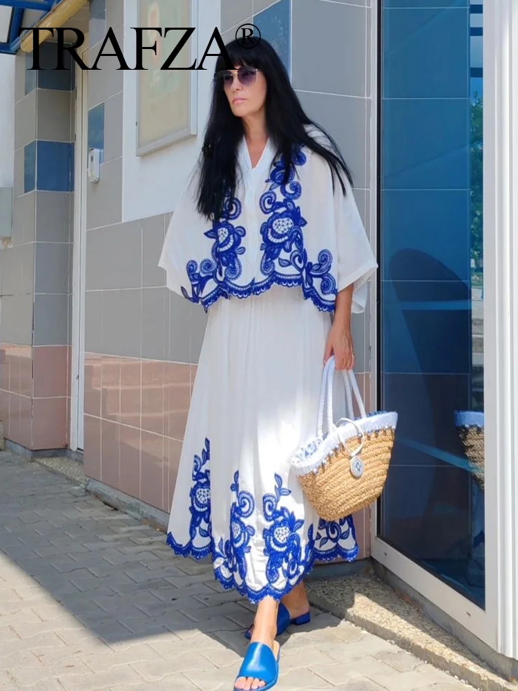 TRAFZA 2024 Women Skirt Set Blue Embroidery Single-Breasted V Neck Shirt +Folds High Waist Casual A Line Long Skirt Beach Style