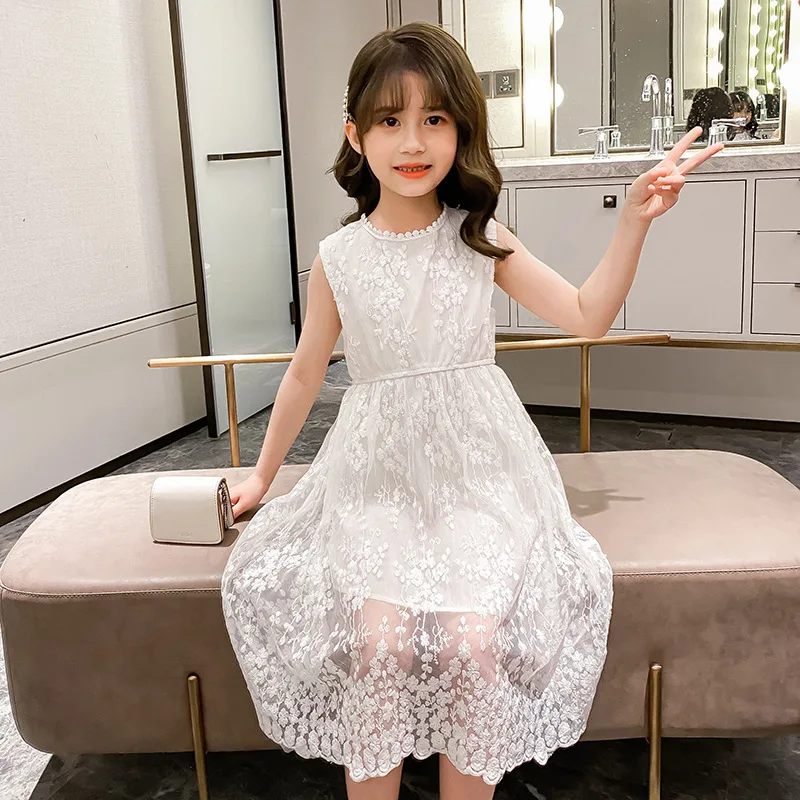 2022 summer Teenager kids Girls clothes floral mesh Princess white Dress lace off shoulder sleeveless 5 6 7 8 9 10 11 12 Years