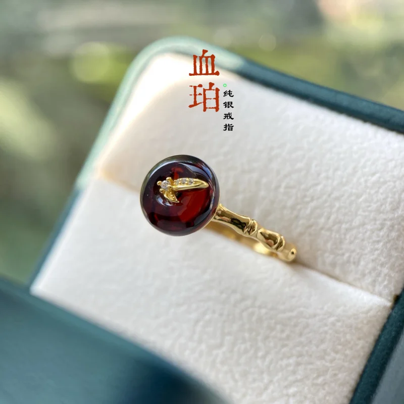 

Natural Purification Blood Amber S925 Sterling Silver Knot Inlaid Peace Ring
