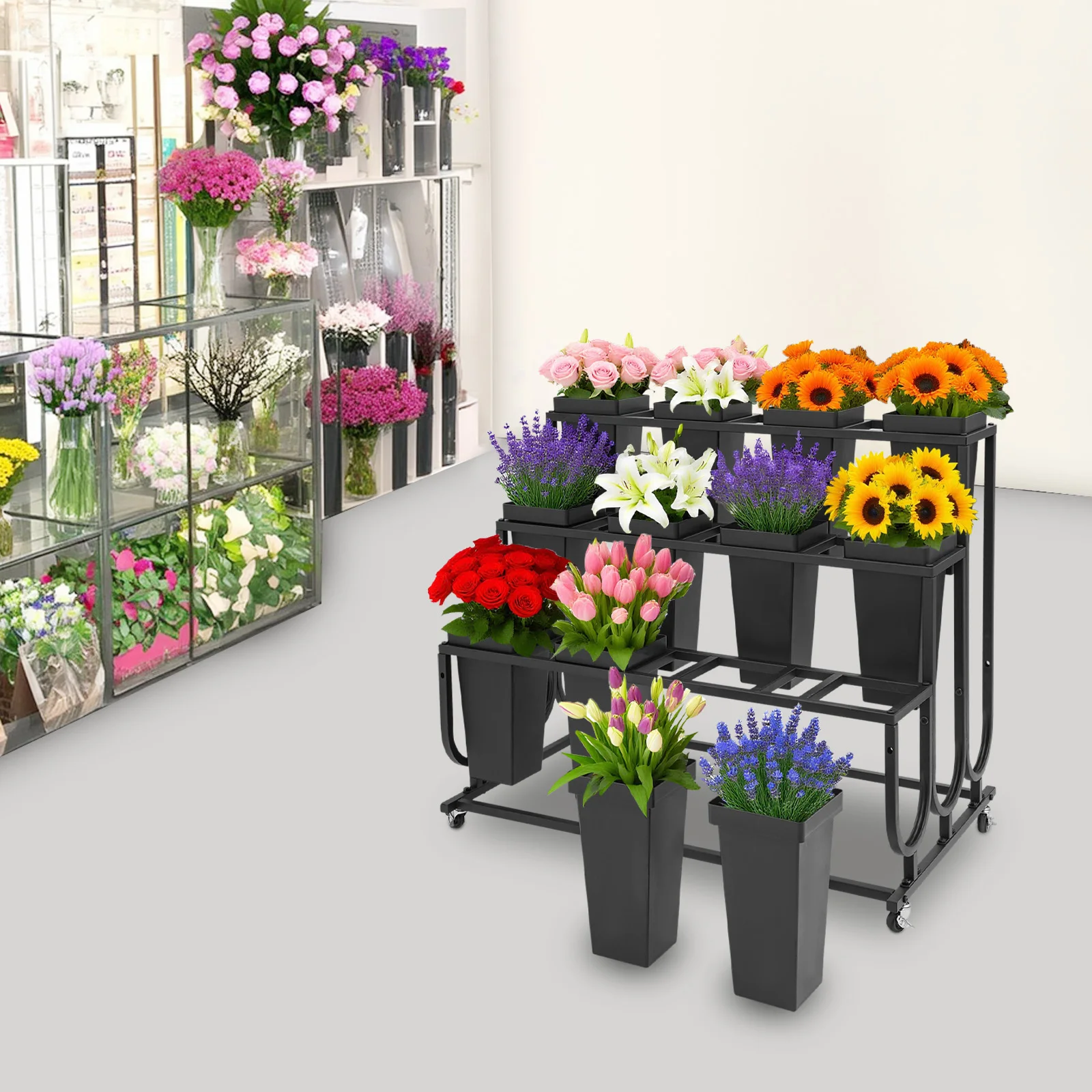 3-Tier Metal Flower Display Stand Movable Plant Stand Floorstanding Flower Rack for Home/Flower Shop/Wedding/Exhibition