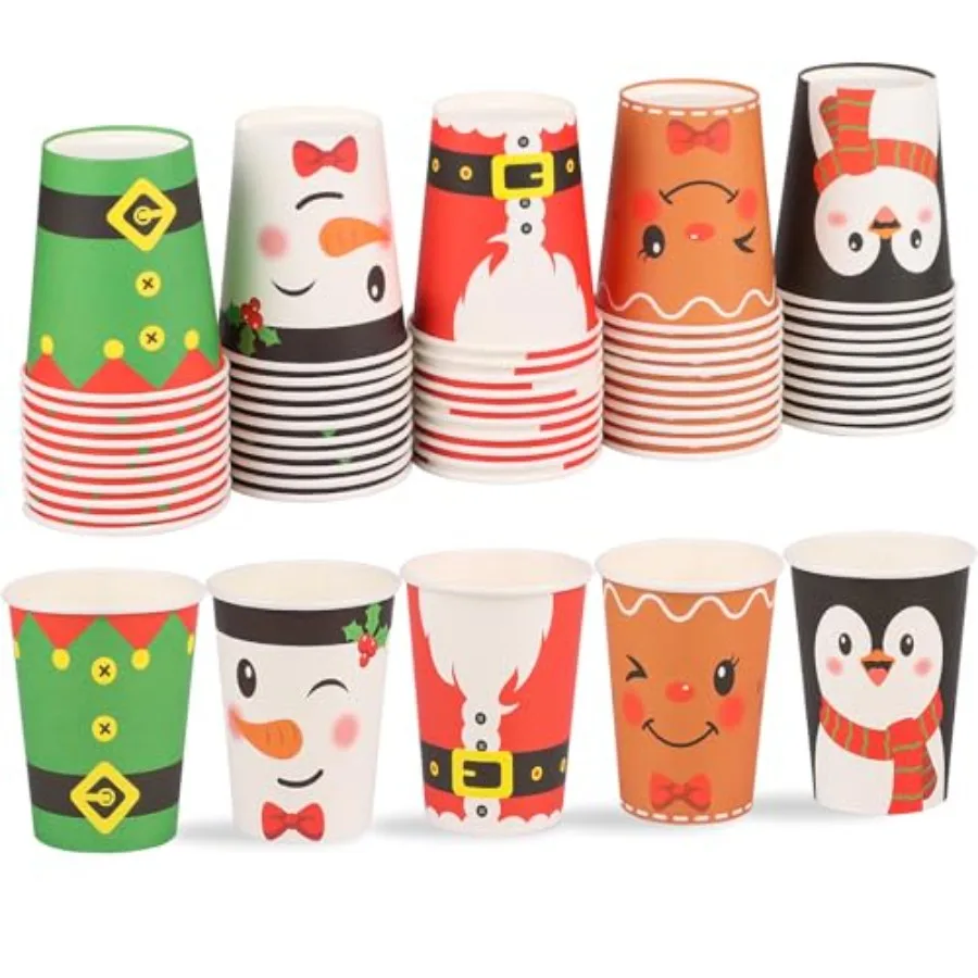 

50 PCS Christmas Paper Cups 9 OZ Disposable Christmas Coffee Cups with Snowman Penguin Santa Claus Design for Xmas Holiday Wint