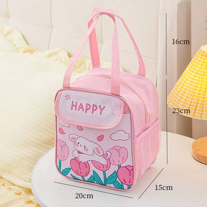 Kawaii Portable Thermal Lunch Box Bags for Kids Cartoon Pink Food Storage Handbags Cute Meal Pouch Insulated Cooler Bento Bag