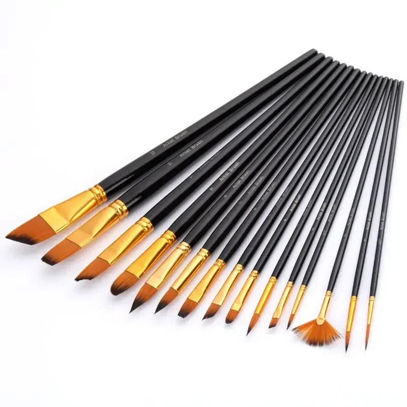 15Pcs/Set Wooden Handle Nylon Hair Professional Painting Brushes with Canvas Bag Acrylic Oil Watercolor Brushes Set Art Supply