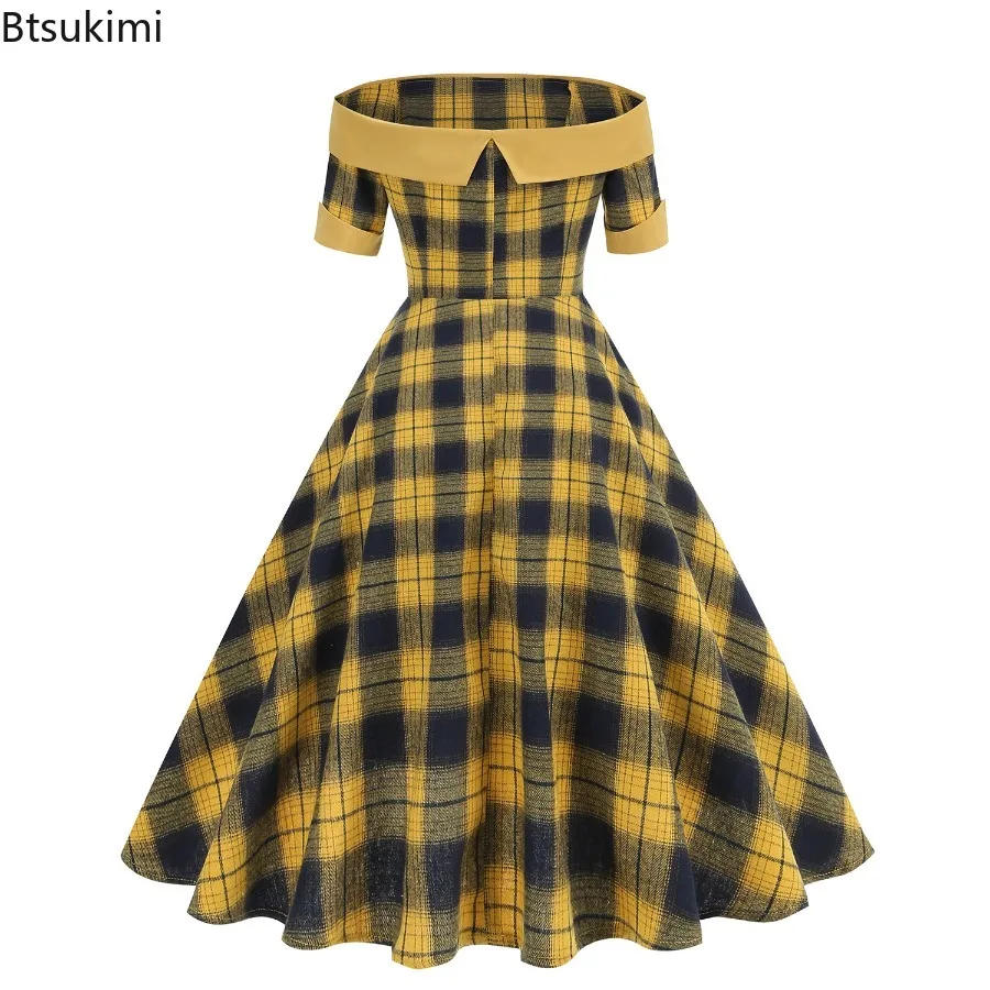 2025年新作 ヘップバーン風 レトロ オフショルダー チェック柄 ロカビリー ドレス ヴィンテージ サマー エレガント イブニング クリスマス パーティー ドレス レディース