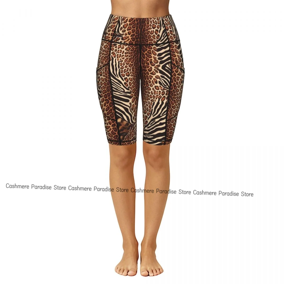 Leopard Mixed With Zebra Sport Yoga Shorts Pants Women Fitness High Waist Hip Lift Running Yoga Side Pockets Tights Sportswear
