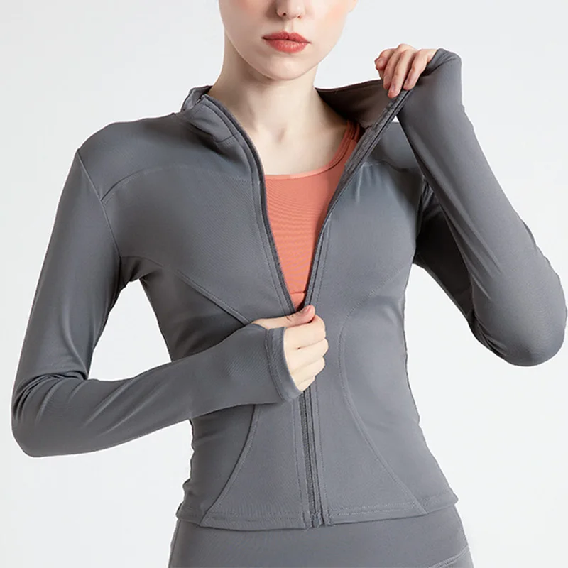 

Women Sport Jacket Zipper Yoga Coat Clothes Quick Dry Fitness Jacket Running Hoodies Thumb Hole Sportwear Gym Workout Top