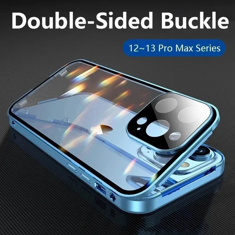 360 Full Protection Metal Magnetic Double Sided Glass Snap Lock Case For iPhone 16 12 13 14 15 Pro Max Lens Protection Cover