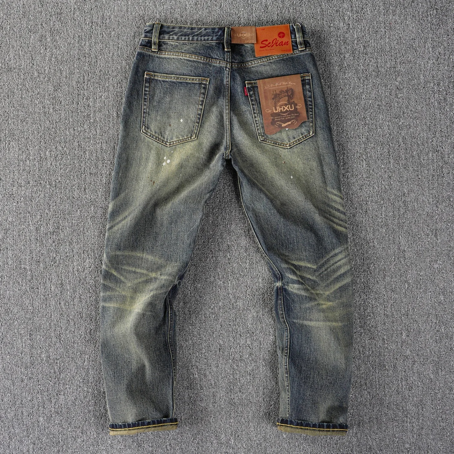 High-end red eared hemmed hole patch splashed jeans men's fit straight heavy washed distressed high street long trousers