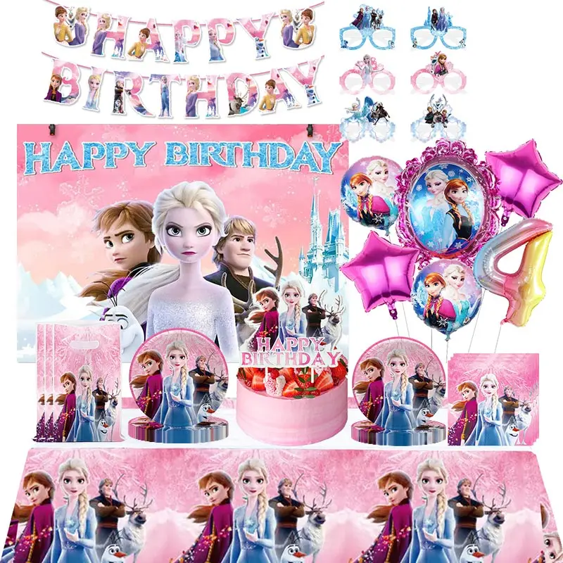 Pink Frozen Theme Birthday Decorations Girls Paper Cups Plates Anna Elsa Balloons Set Frozen Happy Birthday Party Supplies Kids