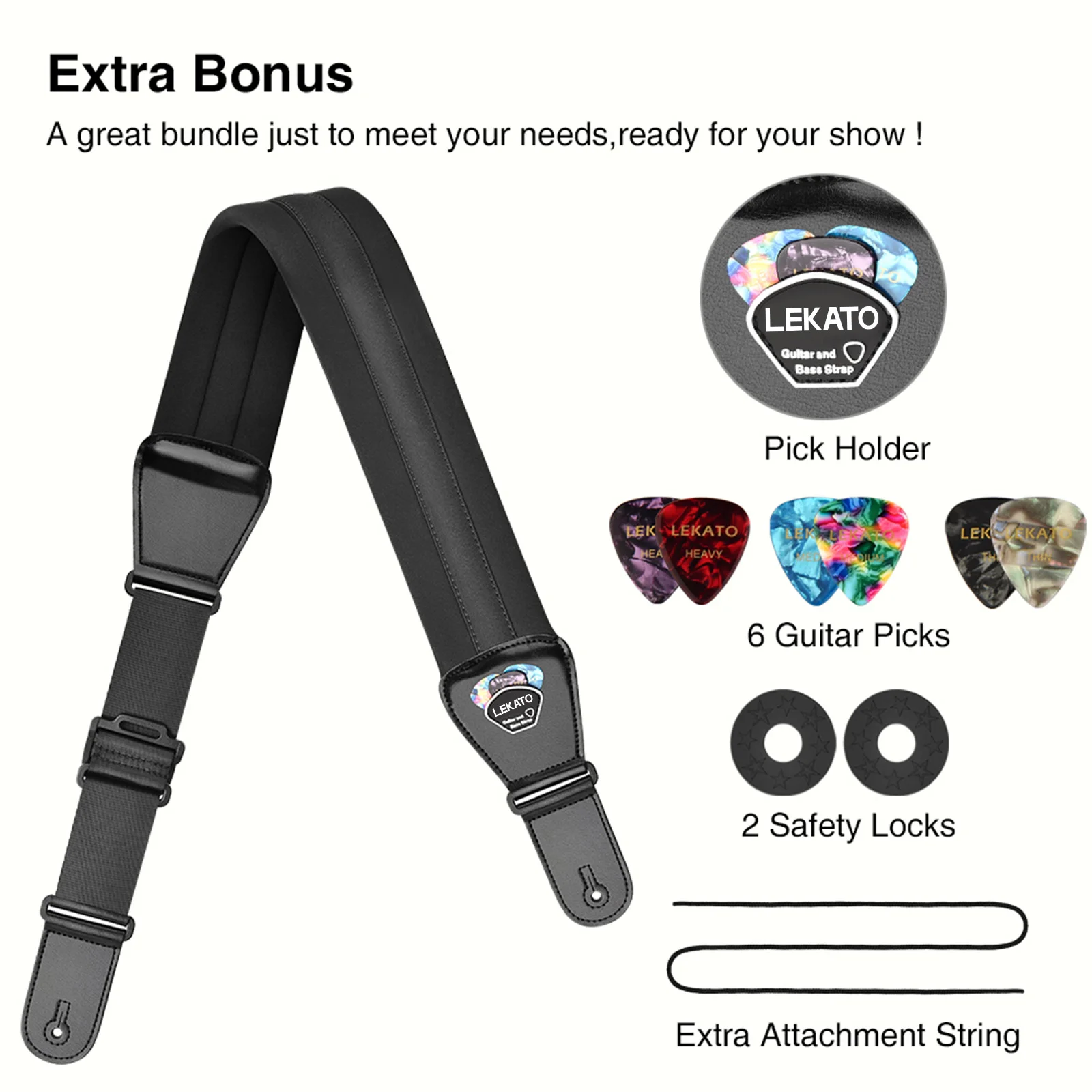 LEKATO LGS-2 Bass Guitar Strap with 6 Pick Adjustable Cowhide Acoustic Electric Bass Strap Guitar Belt Guitar parts Accessories