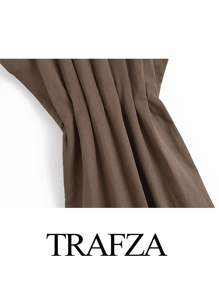 

TRAFZA Women Summer Fashion Round Collar Pockets Pleated Decoration Dress Female Elegant High Waist Slim Short Sleeve Midi Dress