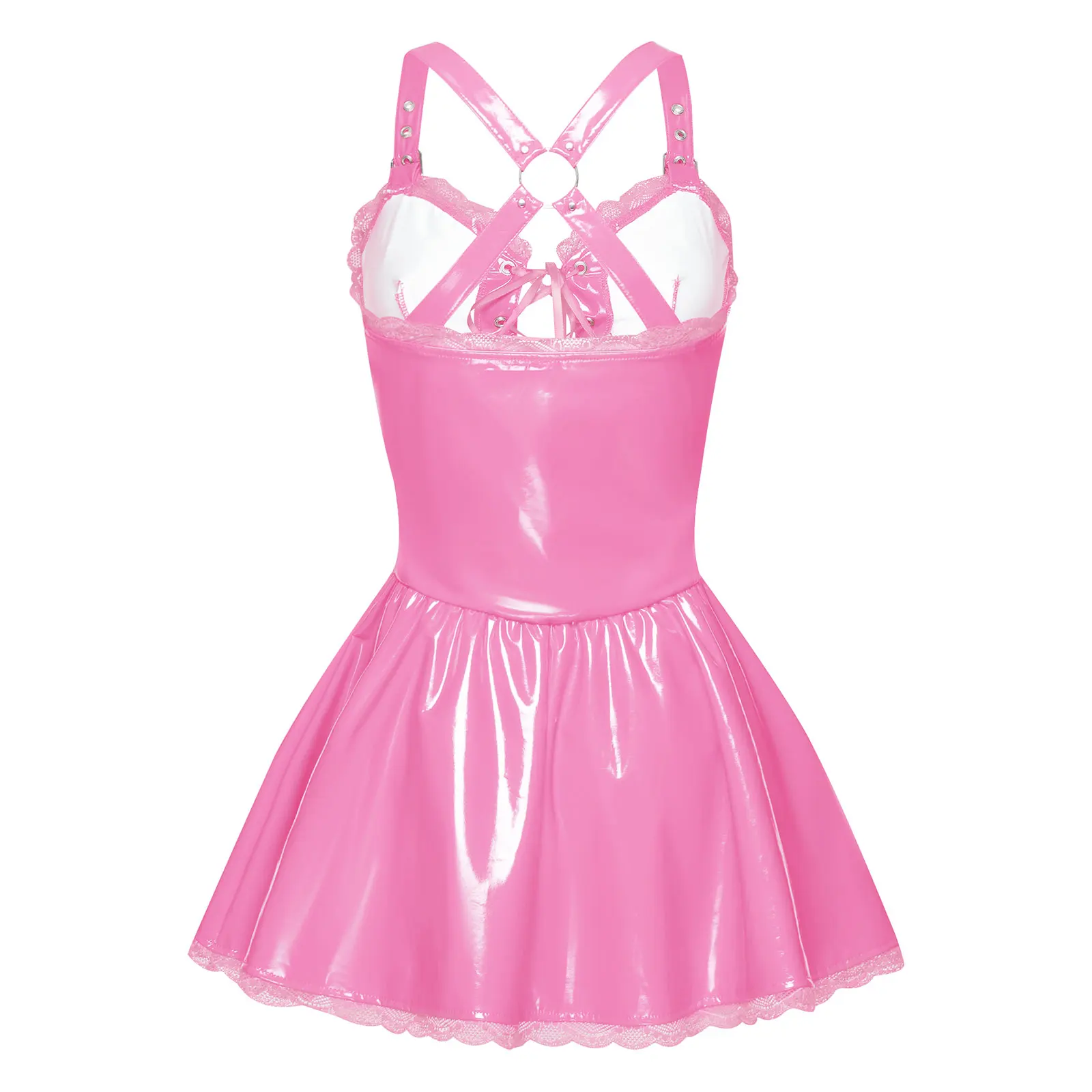 

Women Glossy PU Floral Lace Trim Dress Wet Look Latex Slim Dresses Adjustable Shoulder Straps Bodycon Dress for Club Raves Party