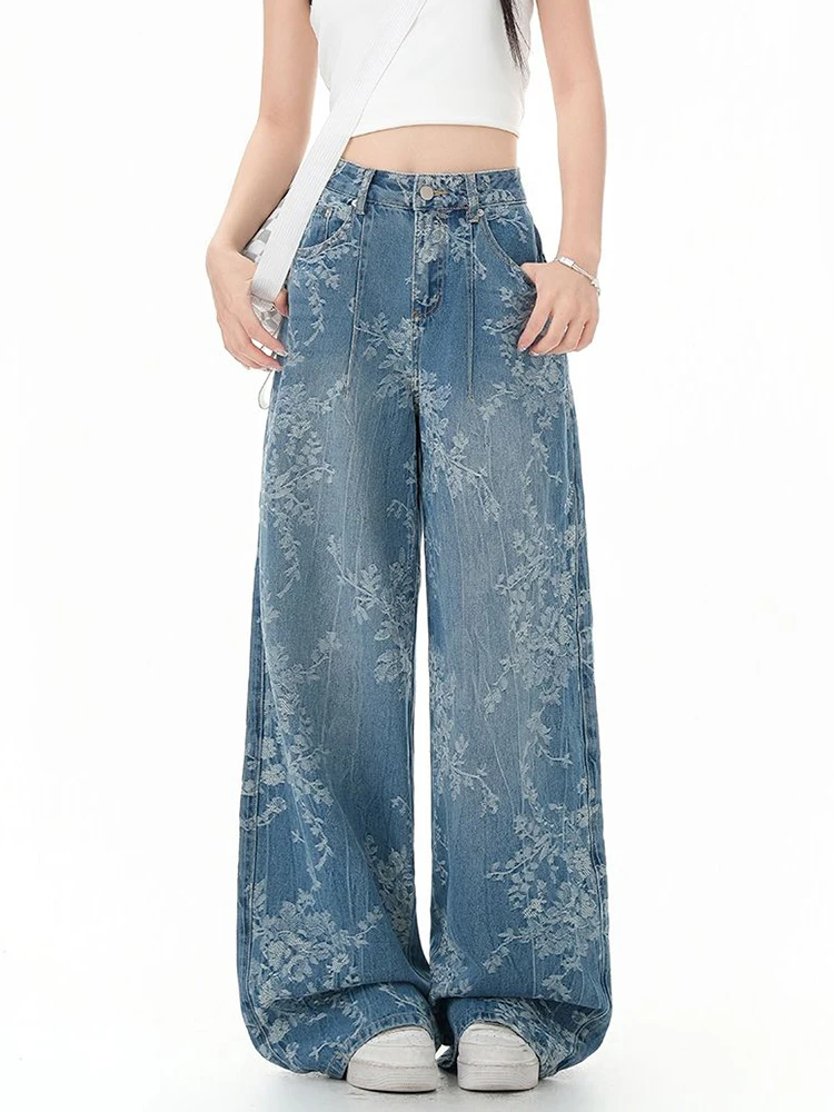 Fashion Printed Jeans 2025 Retro Floral Denim Mopping Trousers Korean Style High Street Loose Hip Hop Wide-leg Jean Pants