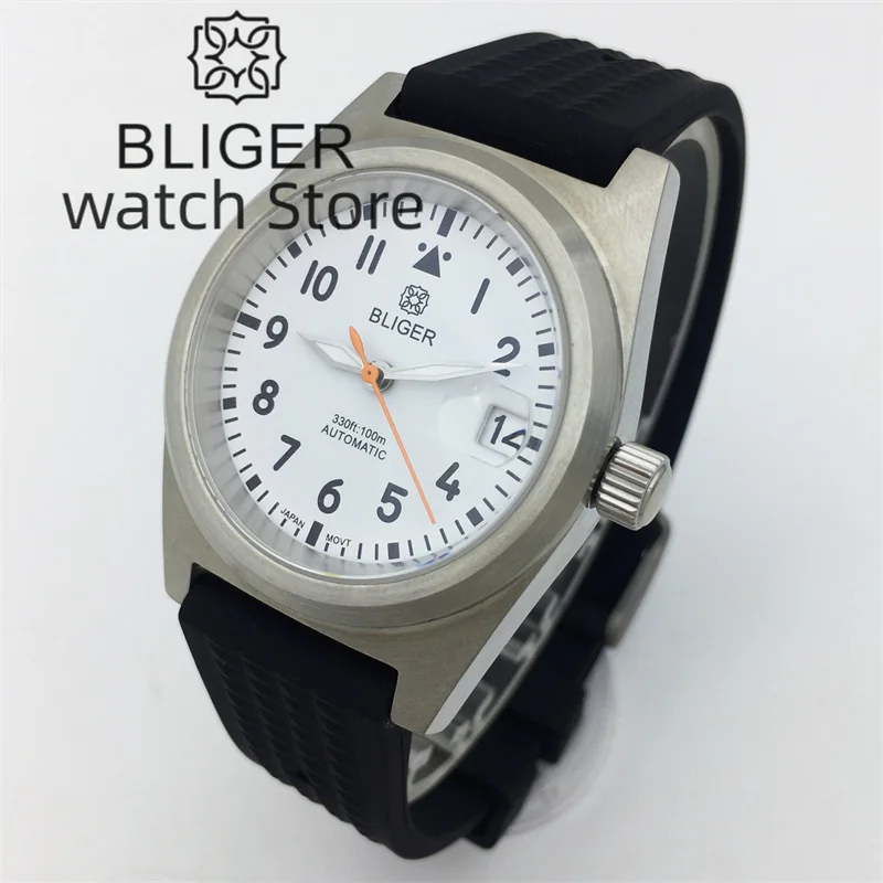 BLIGER NH35A PT5000 Automatic Watch For Men 38mm Brushed Case Sapphire Glass Black White Blue Green Dial Luminous Rubber Strap