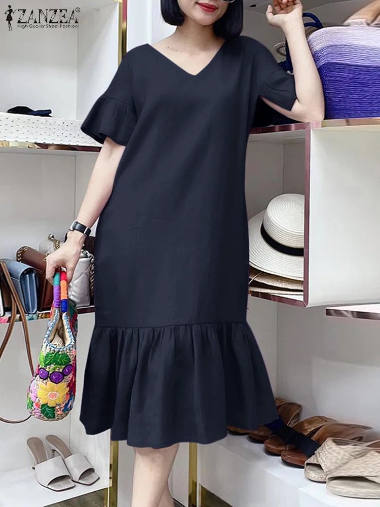 

ZANZEA 2025 Summer Sundress Women V Neck Holiday Dress Elegant Ruffles Work Dresses Short Sleeve Solid A Line Beach Vestido 2025