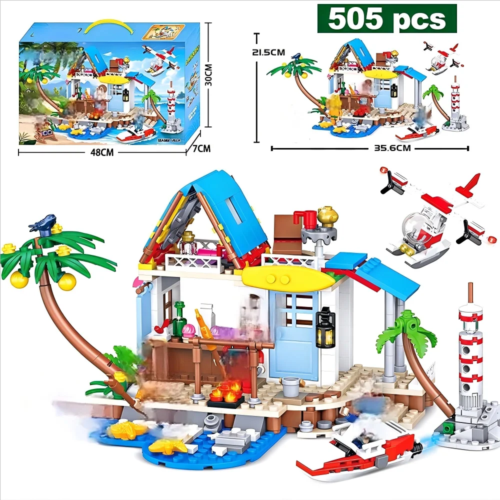 MOC Seaside Vacation Homes Building Blocks City Friends Boats Drones Coconut Trees Lighthouse Figure Bricks Toys for Kids Gifts