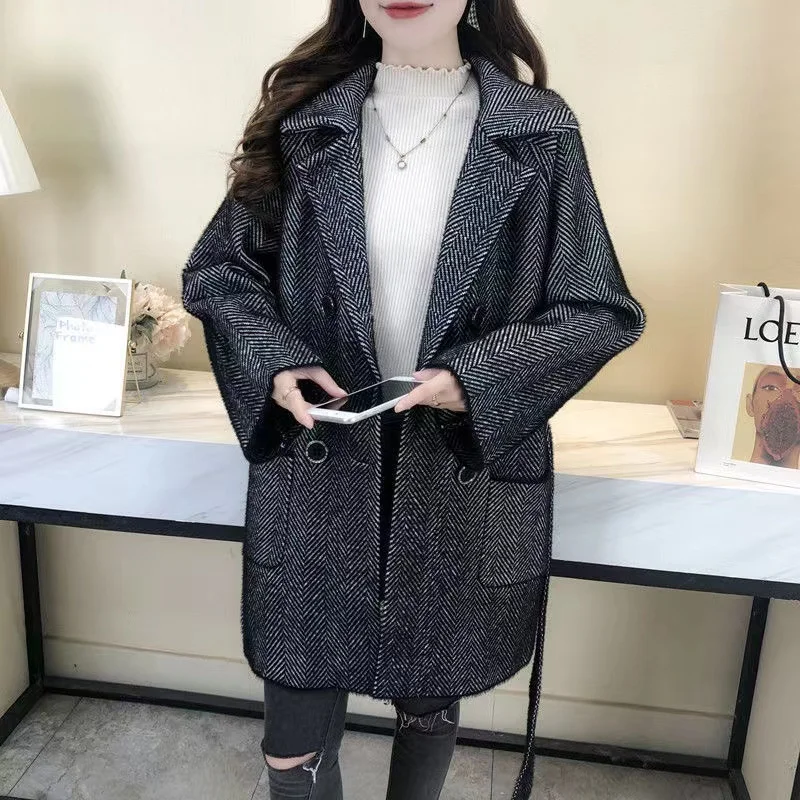 Autumn Winter New Thicken Imitation Mink Velvet Woolen Jacket 2024 Women Fashion Hepburn Style Wool Blend Coat Elegant Outwear