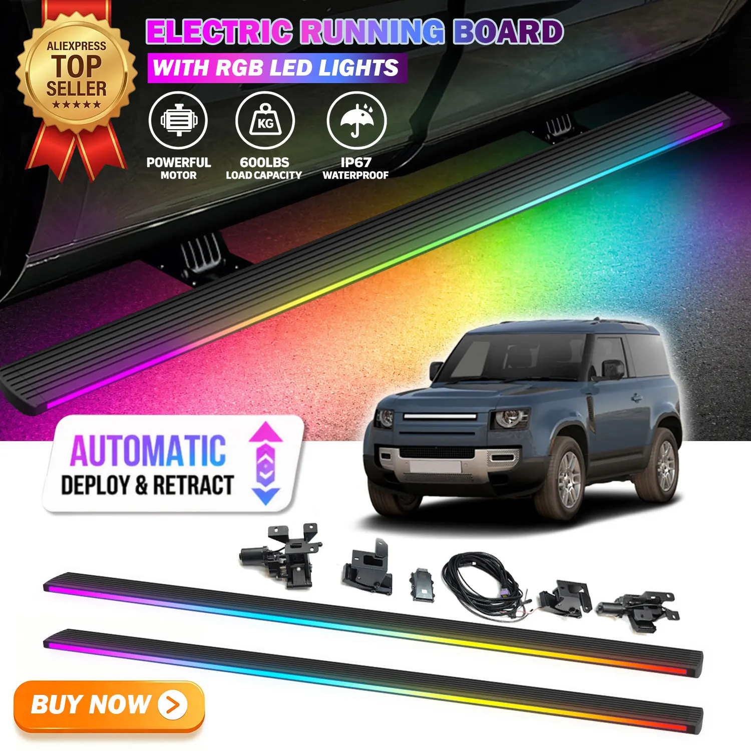 Deployable Power Electric Running Boards Fits For Land Rover Defender 90 2023-2026 with LED Light Strips Side Step Nerf Bars